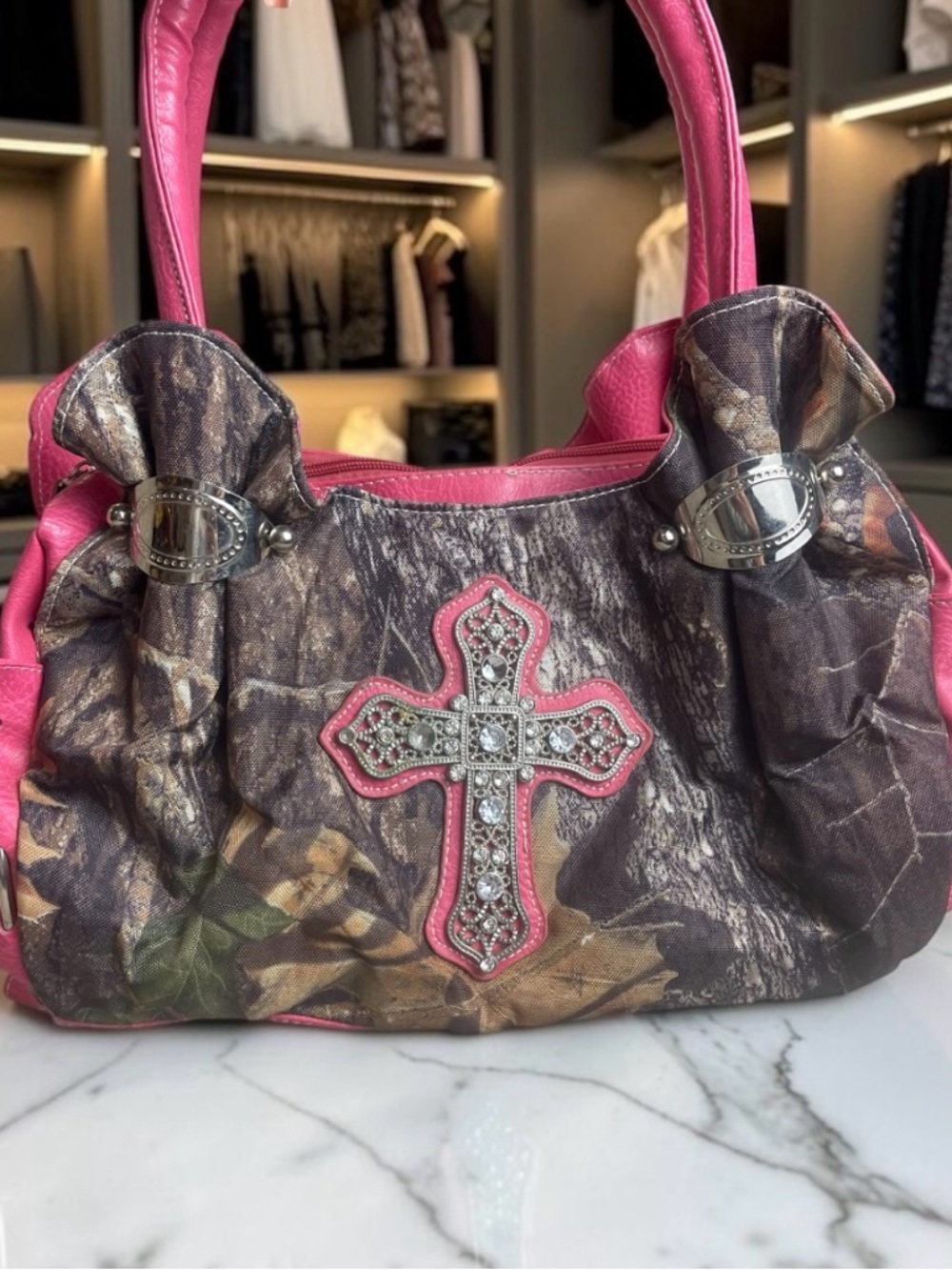 Justin West Pink Camo Rhinestone Cross Western Handbag Concealed Carry Purse